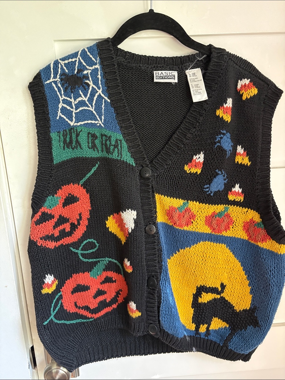Basic Editions Black Halloween Knit Vest with Pumpkins, Cat & Candy Corn